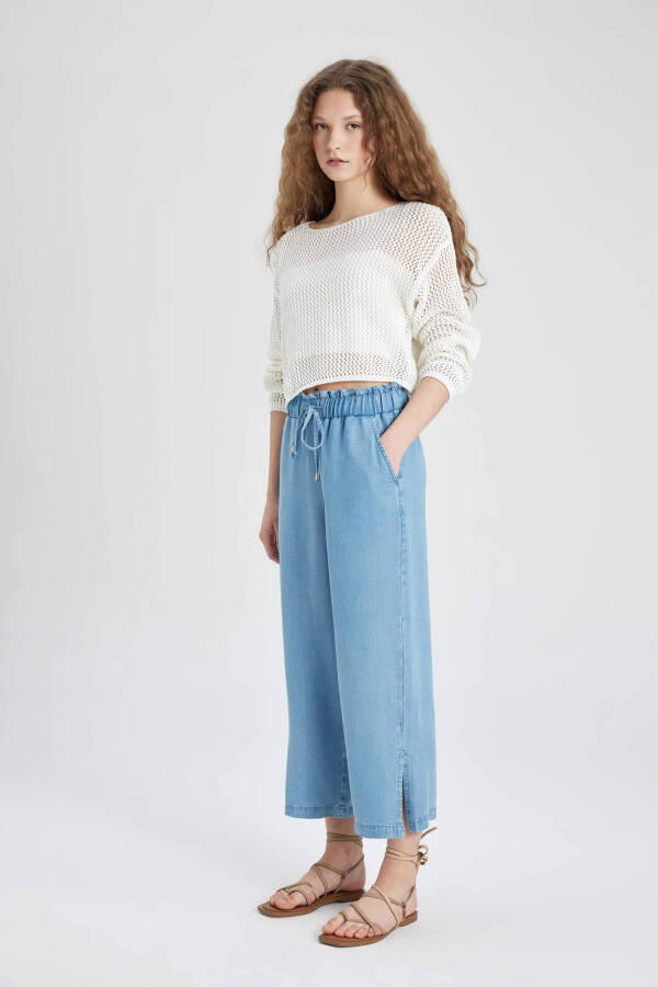 High Waist Culotte Short Wide Leg Slit Jean Pants Mint Blue - 14