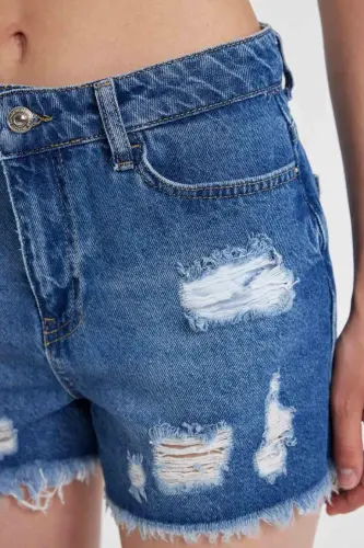 High Waist Distressed Hem Jean Shorts-Dark Blue - 1