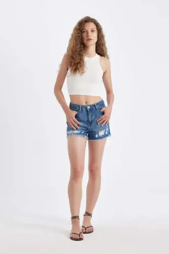 High Waist Distressed Hem Jean Shorts-Dark Blue - 5