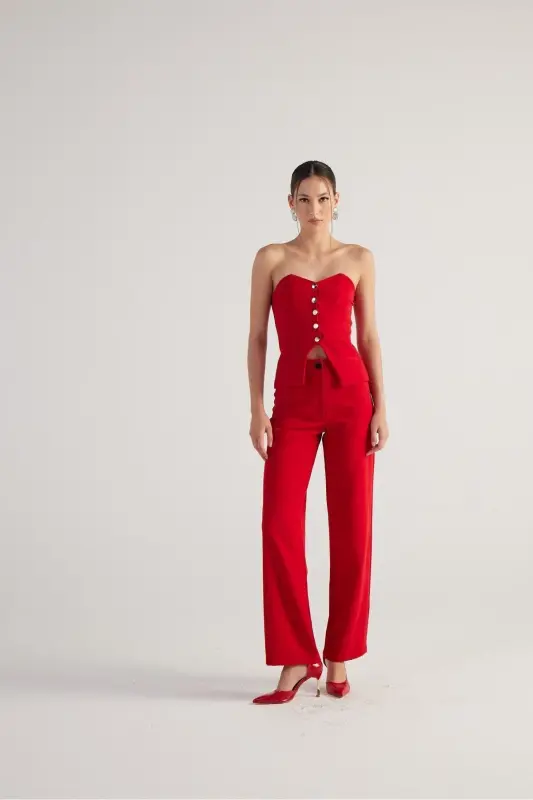 High Waist Double Fabric Nia Pants Red - 3