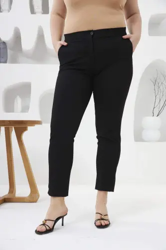 High Waist Elastic Hem Mini Slit Plus Size Black Fabric Pants - 5
