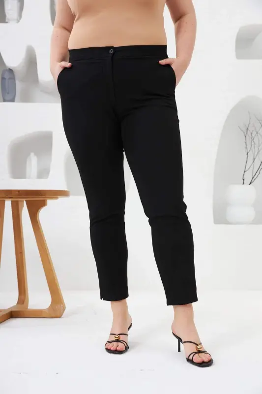 High Waist Elastic Hem Mini Slit Plus Size Black Fabric Pants - BÜYÜKBEDENIZ