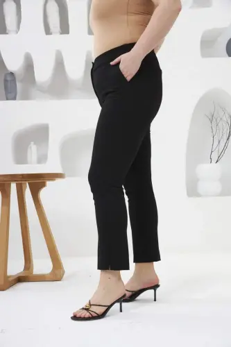 High Waist Elastic Hem Mini Slit Plus Size Black Fabric Pants - BÜYÜKBEDENIZ (1)