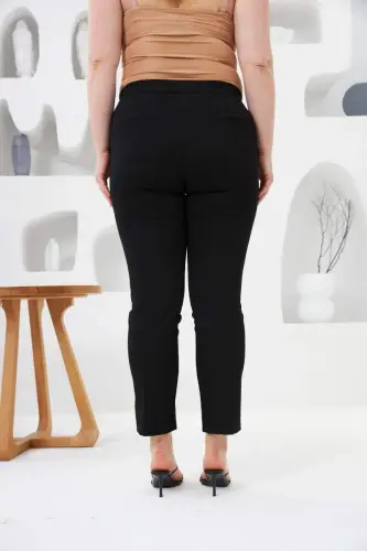 High Waist Elastic Hem Mini Slit Plus Size Black Fabric Pants - 4