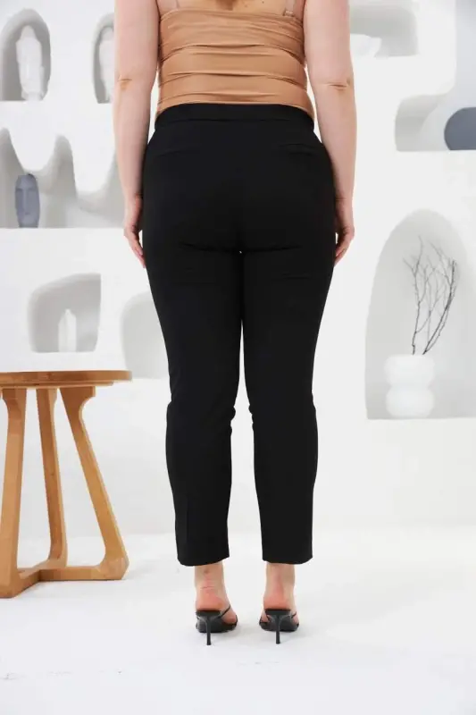 High Waist Elastic Hem Mini Slit Plus Size Black Fabric Pants - 4