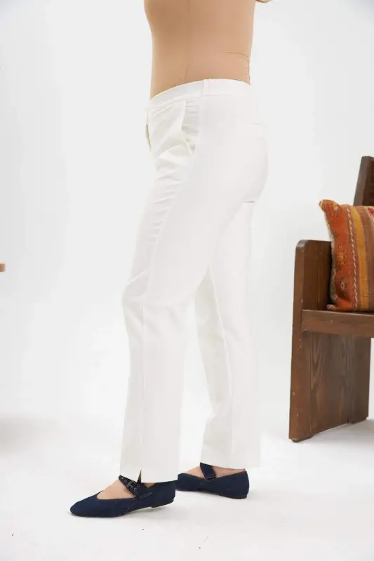 High Waist Hem Slit Plus Size Ecru Fabric Pants - 2