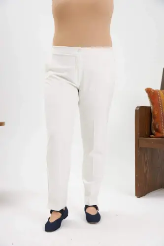 High Waist Hem Slit Plus Size Ecru Fabric Pants - 5