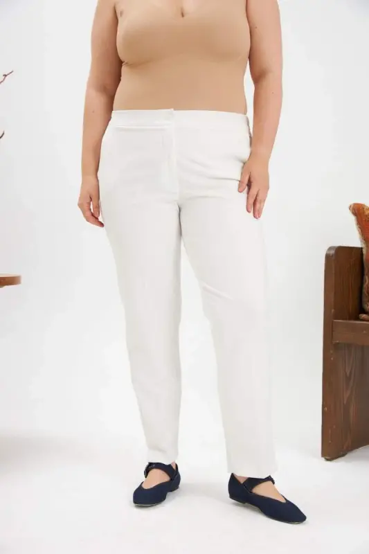High Waist Hem Slit Plus Size Ecru Fabric Pants - BÜYÜKBEDENIZ