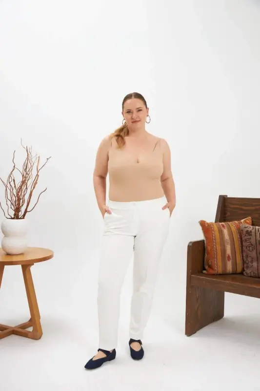 High Waist Hem Slit Plus Size Ecru Fabric Pants - 4