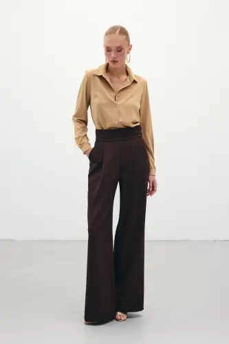 High-Waist Pocket Trousers - BROWN 