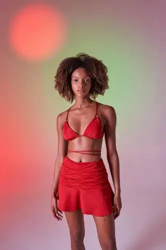 High Waist Ruched Detail Delphi Mini Skirt Red - 4