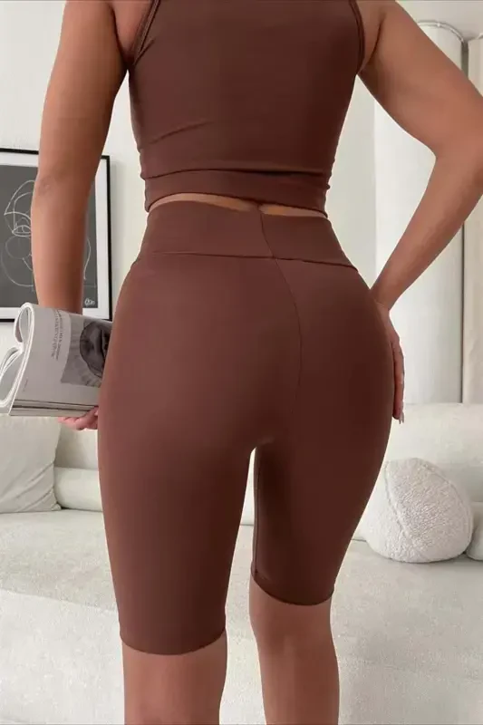 High Waist Shaping Effect Matte Biker Cycling Tights-Brown - 2