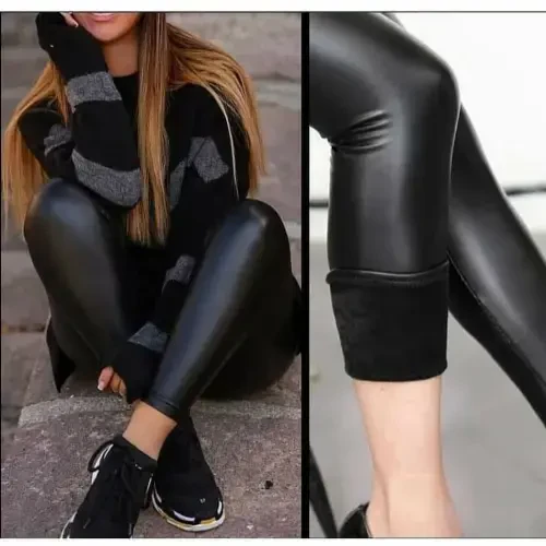 High Waist Shaping Fleece Lined Leather Leggings - 9