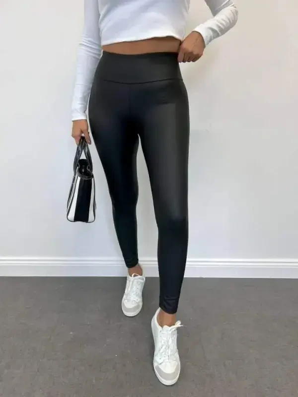 High Waist Shaping Fleece Lined Leather Leggings - 12