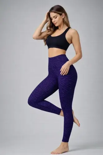 High Waist Shaping Lycra Ruched Leggings - Blue - 3