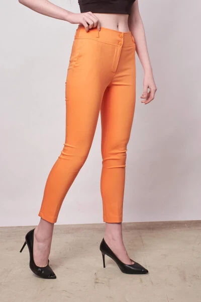 High Waist Thick Belt Pocketed Tapered Ankle Length Cotton Lycra Fabric Pants -mango - 3