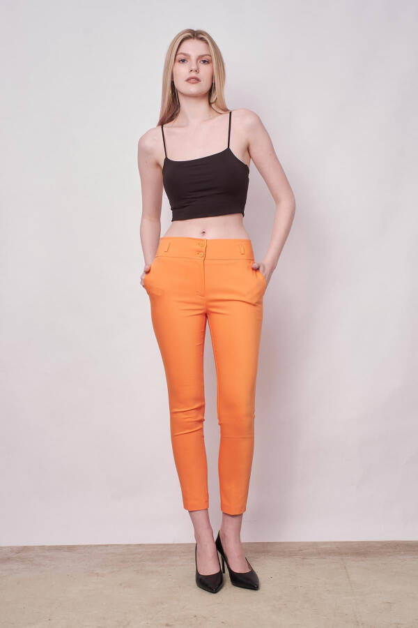 High Waist Thick Belt Pocketed Tapered Ankle Length Cotton Lycra Fabric Pants -mango - 6