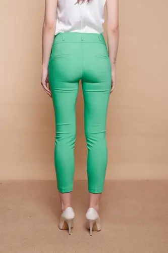 High Waist Thick Belted Pocketed Slim Fit Ankle Length Cotton Lycra Fabric Pants-b.green-B.GREEN - 6