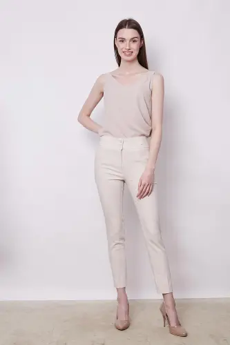 High Waist Thick Belted Pocketed Slim Fit Ankle Length Cotton Lycra Fabric Pants -Champagne-CHAMPAGNE - 3