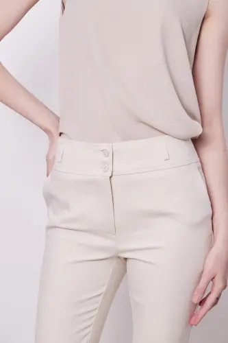 High Waist Thick Belted Pocketed Slim Fit Ankle Length Cotton Lycra Fabric Pants -Champagne-CHAMPAGNE - 4