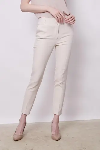 High Waist Thick Belted Pocketed Slim Fit Ankle Length Cotton Lycra Fabric Pants -Champagne-CHAMPAGNE - 7