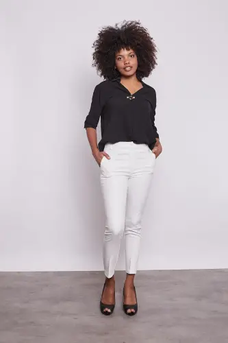 High Waist Thick Belted Pocketed Slim Fit Ankle Length Cotton Lycra Fabric Pants-cream-CREAM 