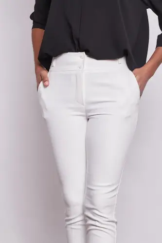High Waist Thick Belted Pocketed Slim Fit Ankle Length Cotton Lycra Fabric Pants-cream-CREAM - JUMENT (1)