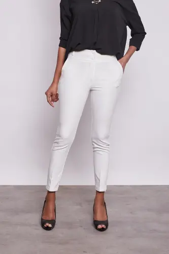 High Waist Thick Belted Pocketed Slim Fit Ankle Length Cotton Lycra Fabric Pants-cream-CREAM - 5
