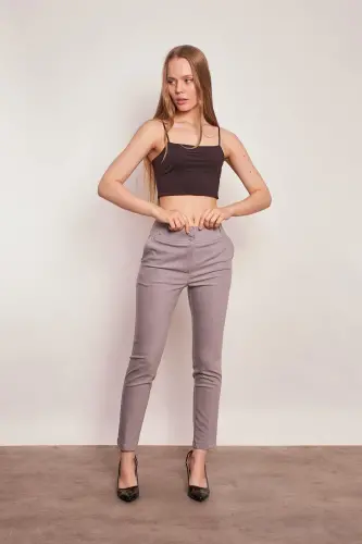 High Waist Thick Belted Pocketed Slim Fit Ankle Length Cotton Lycra Fabric Pants-gray-GRAY 