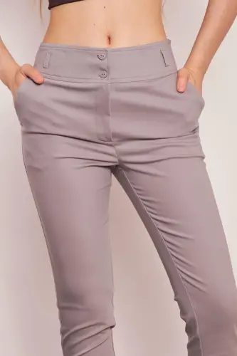 High Waist Thick Belted Pocketed Slim Fit Ankle Length Cotton Lycra Fabric Pants-gray-GRAY - 3