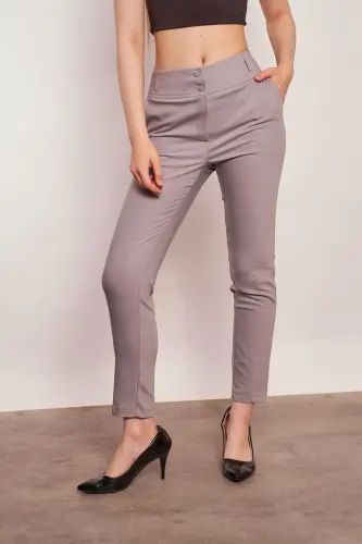 High Waist Thick Belted Pocketed Slim Fit Ankle Length Cotton Lycra Fabric Pants-gray-GRAY - 4