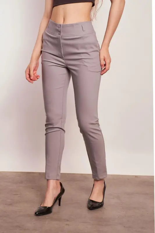 High Waist Thick Belted Pocketed Slim Fit Ankle Length Cotton Lycra Fabric Pants-gray-GRAY - 5