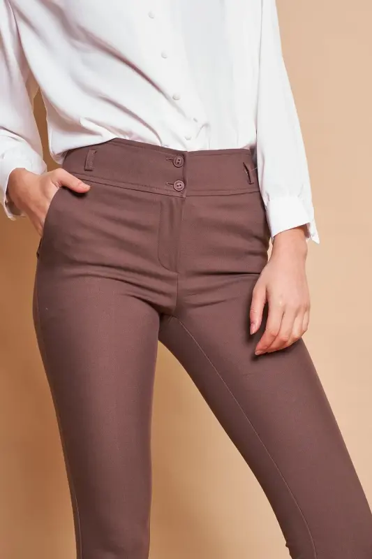 High Waist Thick Belted Pocketed Slim Fit Ankle Length Cotton Lycra Fabric Pants-khaki-KHAKI - 3
