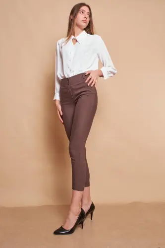 High Waist Thick Belted Pocketed Slim Fit Ankle Length Cotton Lycra Fabric Pants-khaki-KHAKI - 5