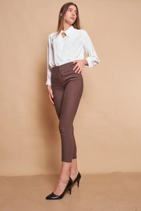 High Waist Thick Belted Pocketed Slim Fit Ankle Length Cotton Lycra Fabric Pants-khaki-KHAKI - 5