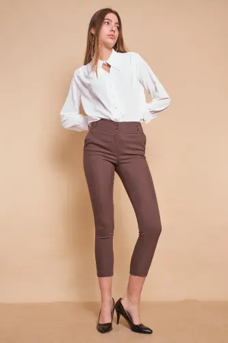High Waist Thick Belted Pocketed Slim Fit Ankle Length Cotton Lycra Fabric Pants-khaki-KHAKI - 6