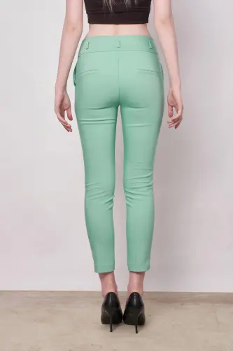 High Waist Thick Belted Pocketed Slim Fit Ankle Length Cotton Lycra Fabric Pants -mint-MINT - 6
