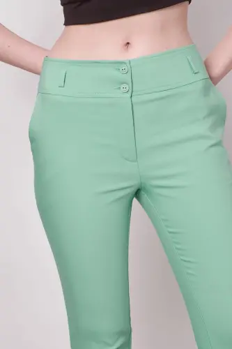 High Waist Thick Belted Pocketed Slim Fit Ankle Length Cotton Lycra Fabric Pants -mint-MINT - 7