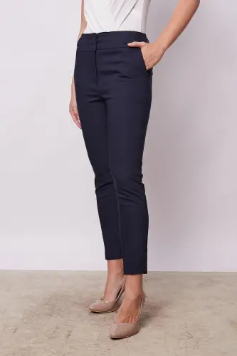 High Waist Thick Belted Pocketed Slim Fit Ankle Length Cotton Lycra Fabric Pants-navy blue-NAVY BLUE - 5