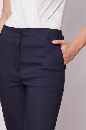 High Waist Thick Belted Pocketed Slim Fit Ankle Length Cotton Lycra Fabric Pants-navy blue-NAVY BLUE - 6