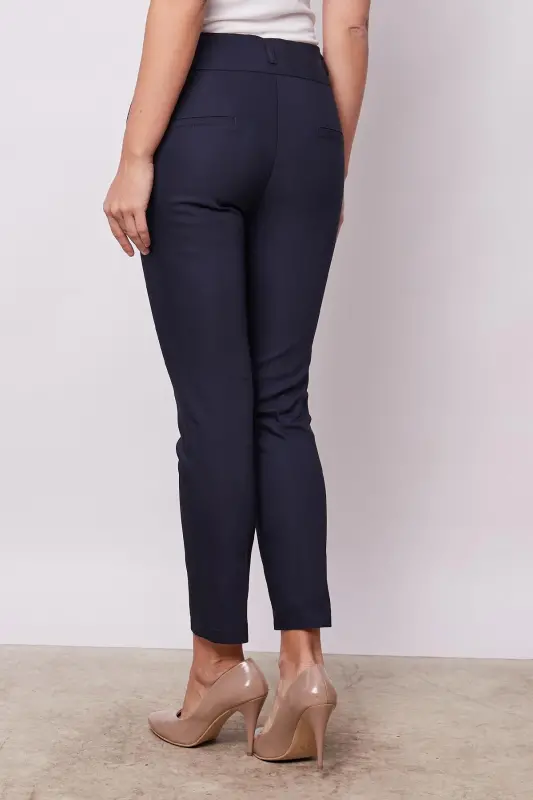 High Waist Thick Belted Pocketed Slim Fit Ankle Length Cotton Lycra Fabric Pants-navy blue-NAVY BLUE - 7