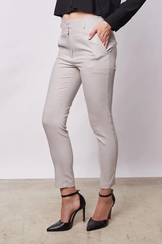 High Waist Thick Belted Pocketed Slim Fit Ankle Length Cotton Lycra Fabric Pants - Stone-STONE - 3