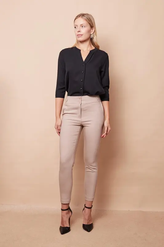 High Waist Thick Belted Pocketed Slim Leg Ankle Length Cotton Lycra Fabric Pants-beige-BEIGE - 2