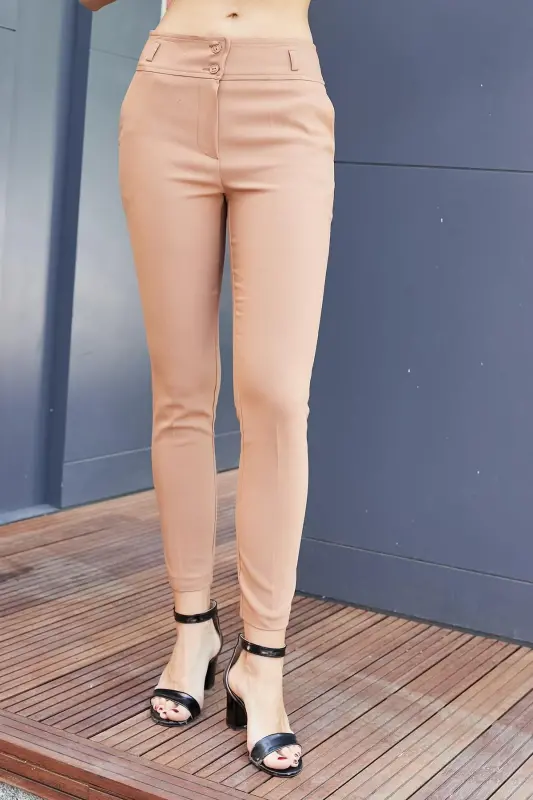 High Waist Thick Belted Pocketed Slim Leg Ankle Length Cotton Lycra Fabric Pants - Camel-CAMEL - JUMENT