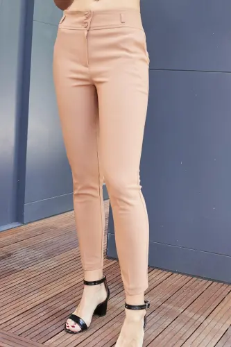 High Waist Thick Belted Pocketed Slim Leg Ankle Length Cotton Lycra Fabric Pants - Camel-CAMEL - JUMENT (1)