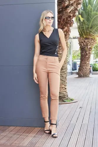 High Waist Thick Belted Pocketed Slim Leg Ankle Length Cotton Lycra Fabric Pants - Camel-CAMEL - 3