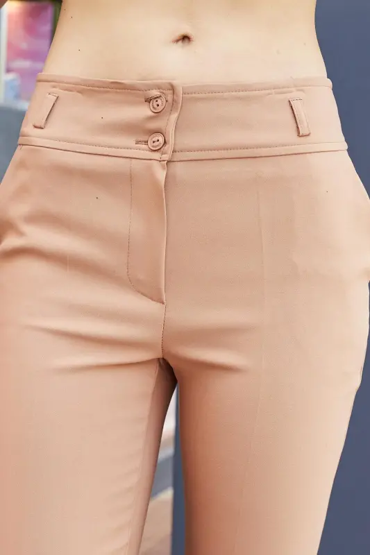 High Waist Thick Belted Pocketed Slim Leg Ankle Length Cotton Lycra Fabric Pants - Camel-CAMEL - 5