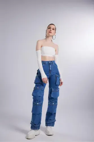 High Waist Wide Leg Cargo Jeans Blue - 2