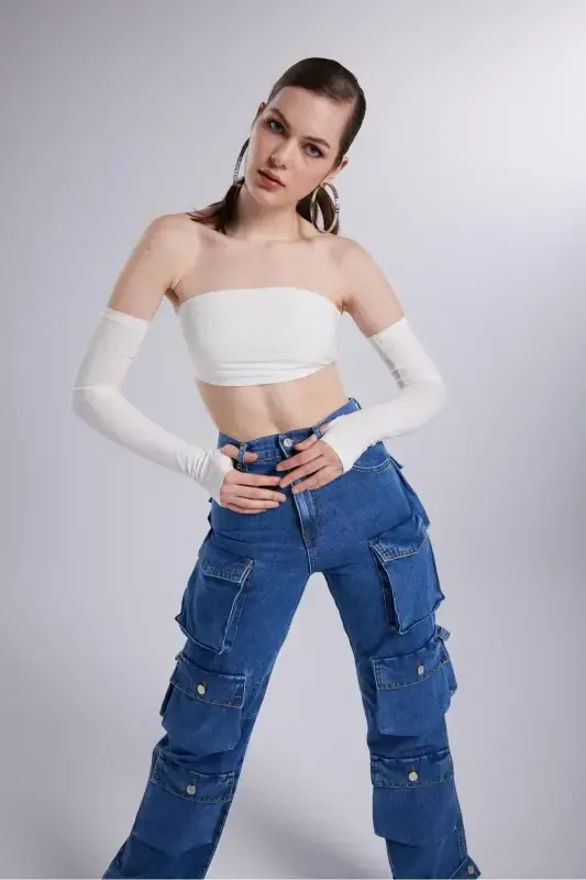 High Waist Wide Leg Cargo Jeans Blue - 3