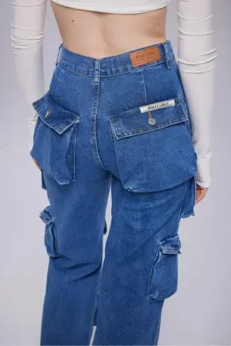 High Waist Wide Leg Cargo Jeans Blue - 4